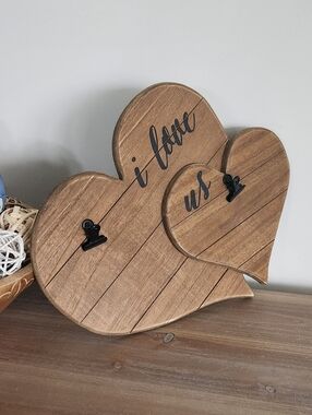 Rustic Double Wood Heart Photo Holder ✨ I Love Us ✨ Farmhouse Decor Anniversary